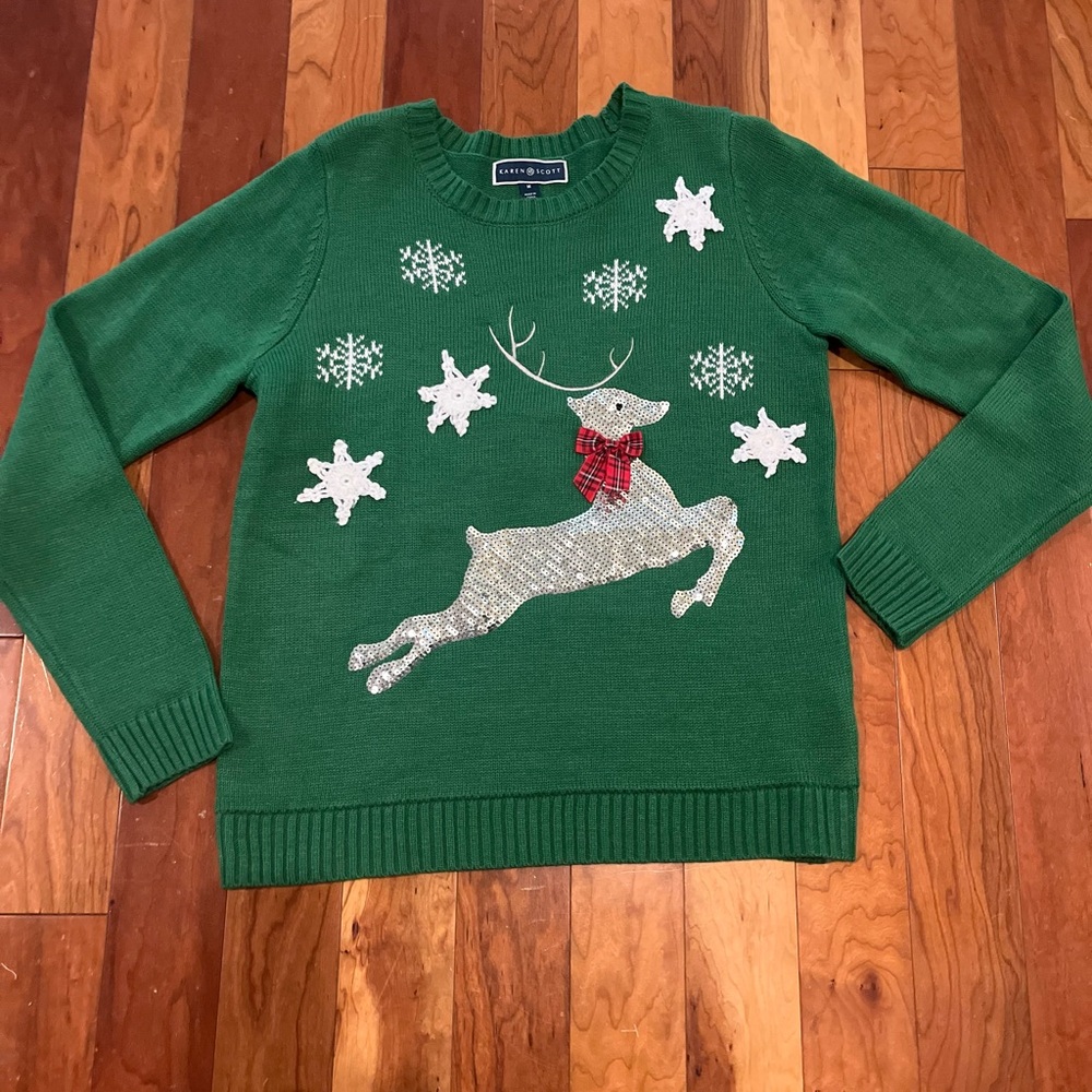 Karen Scott Green Reindeer Christmas Sweater Size Medium Sequins EUC Holiday Par